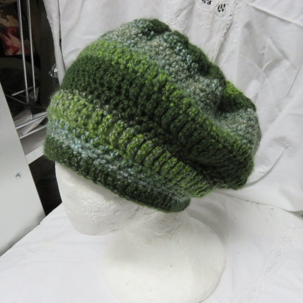 HAND CROCHET HAT OF VARIEGATED GREEN COLORS/UNISEX